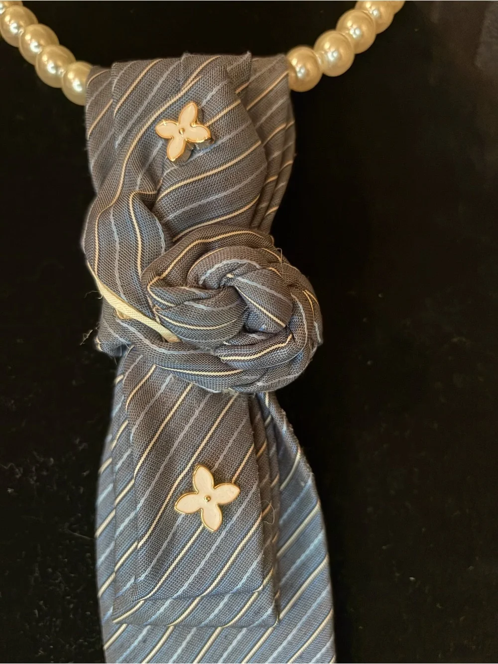 Dior Navy Blue Striped Silk Scarf with Pearl Accent